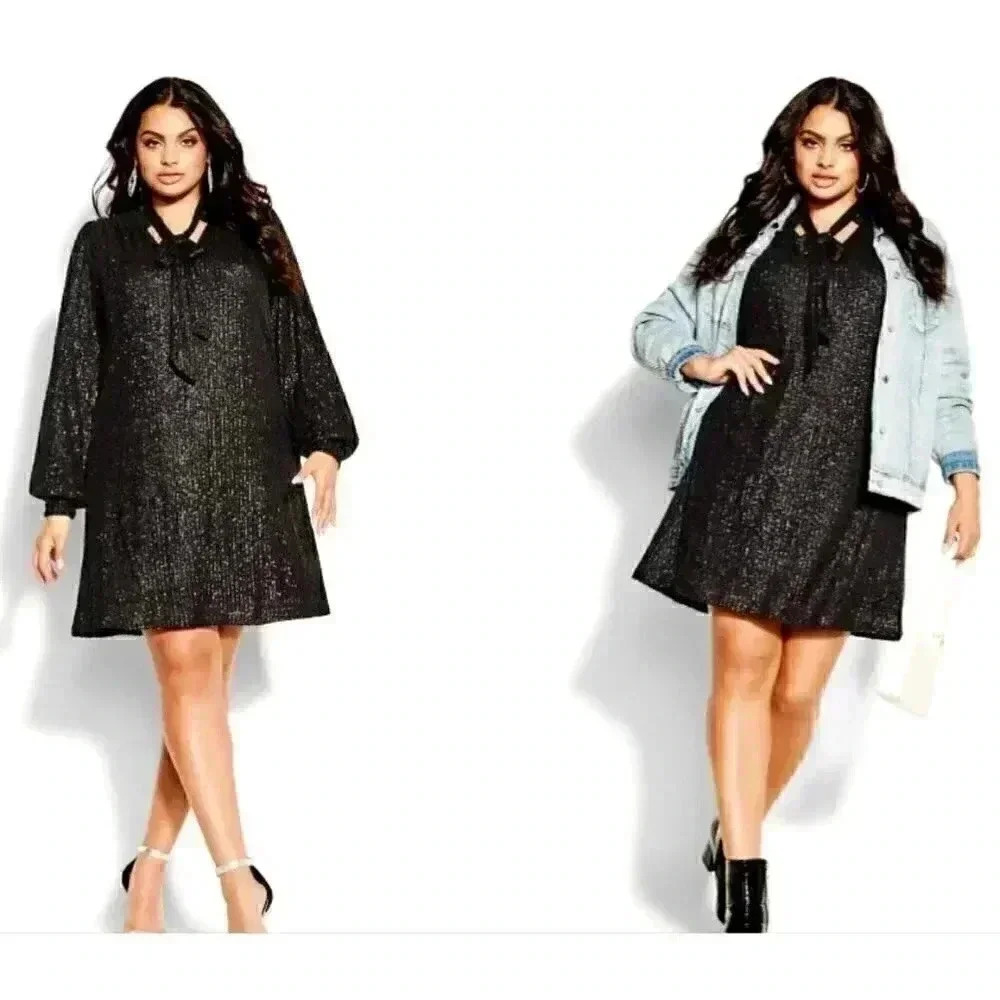 City Chic Fever Tie Womens 18W V Neck Sequined Mini Dress Black Stretch NEW - Picture 4 of 9